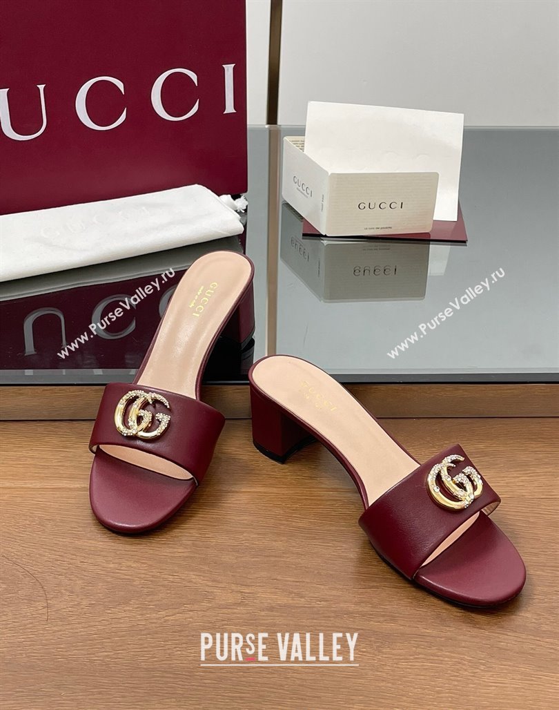 Gucci Leather Heel Slides Sandal 5cm with Strass Double G Dark Burgundy 2025 GG042301 (MD-250423040)