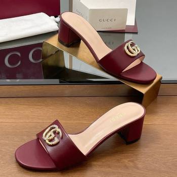 Gucci Leather Heel Slides Sandal 5cm with Strass Double G Dark Burgundy 2025 GG042301 (MD-250423040)