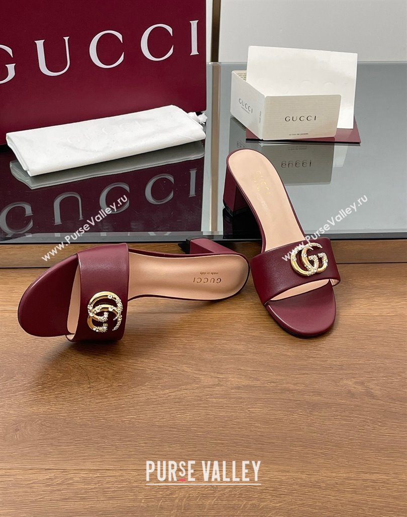 Gucci Leather Heel Slides Sandal 5cm with Strass Double G Dark Burgundy 2025 GG042301 (MD-250423040)