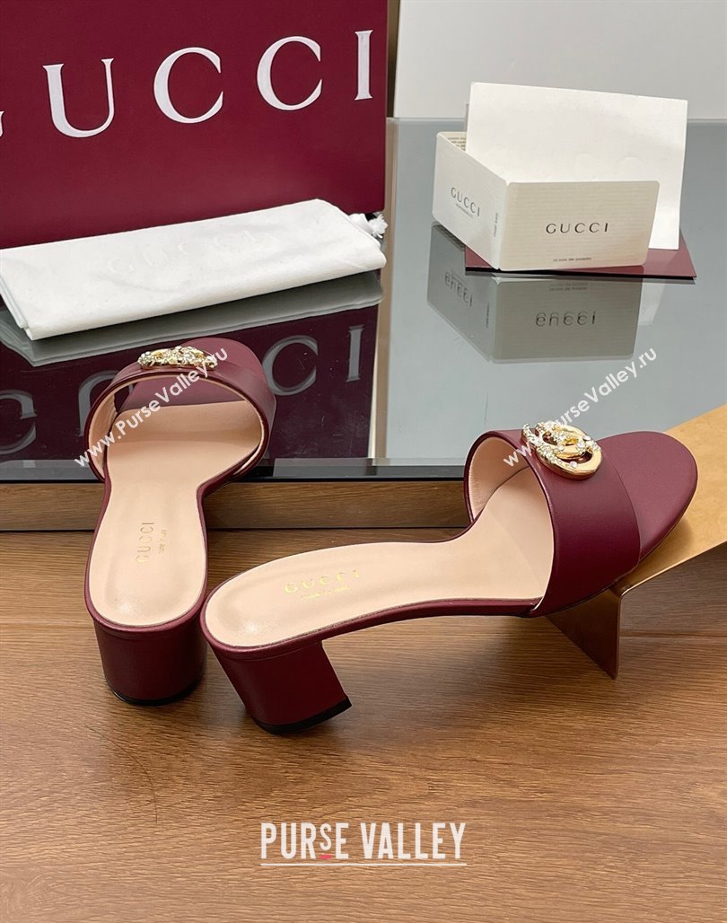 Gucci Leather Heel Slides Sandal 5cm with Strass Double G Dark Burgundy 2025 GG042301 (MD-250423040)