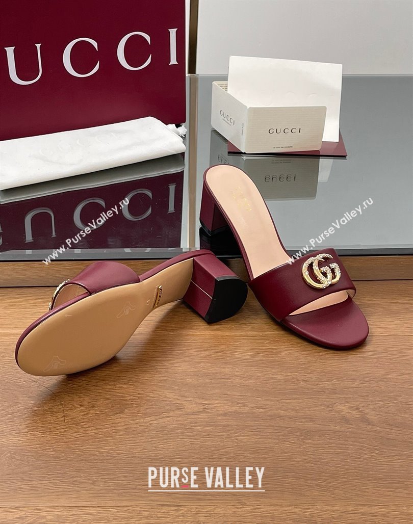Gucci Leather Heel Slides Sandal 5cm with Strass Double G Dark Burgundy 2025 GG042301 (MD-250423040)
