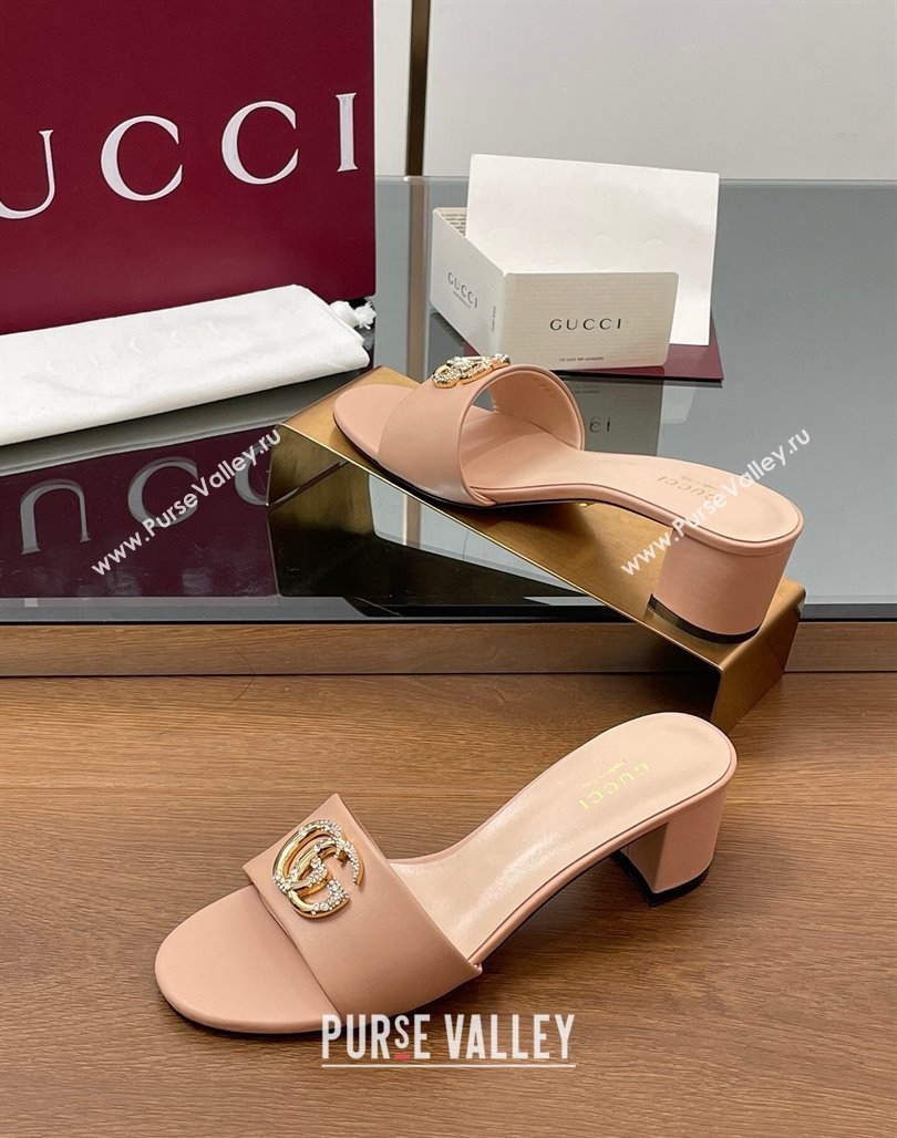Gucci Leather Heel Slides Sandal 5cm with Strass Double G Light Pink 2025 GG042301 (MD-250423041)