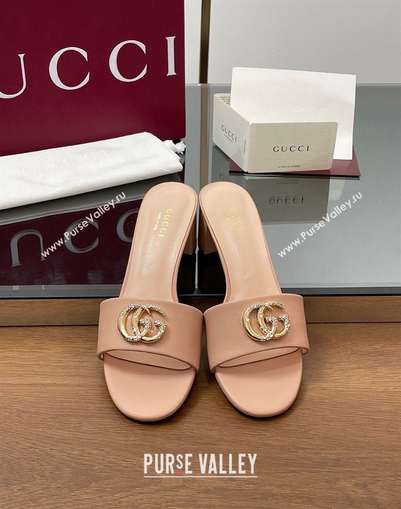 Gucci Leather Heel Slides Sandal 5cm with Strass Double G Light Pink 2025 GG042301 (MD-250423041)