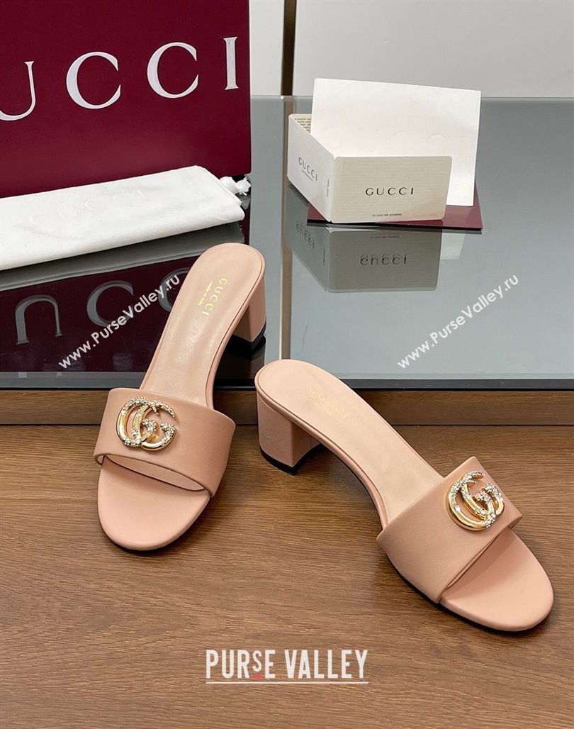 Gucci Leather Heel Slides Sandal 5cm with Strass Double G Light Pink 2025 GG042301 (MD-250423041)