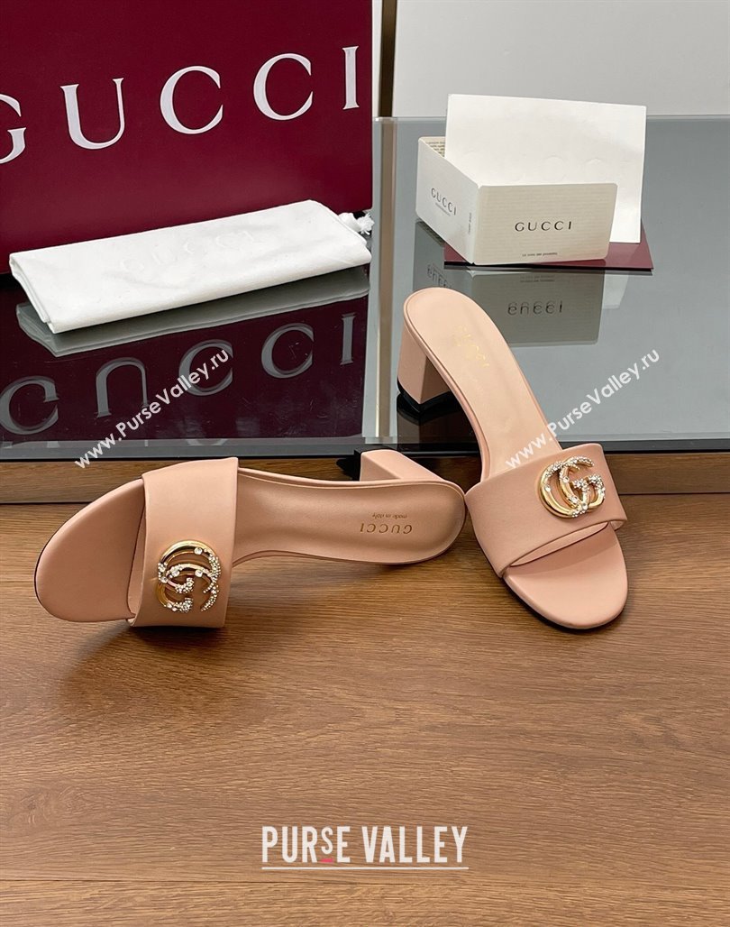 Gucci Leather Heel Slides Sandal 5cm with Strass Double G Light Pink 2025 GG042301 (MD-250423041)