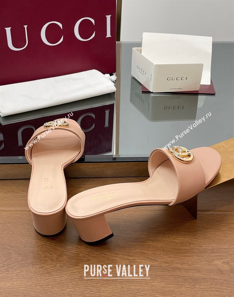 Gucci Leather Heel Slides Sandal 5cm with Strass Double G Light Pink 2025 GG042301 (MD-250423041)