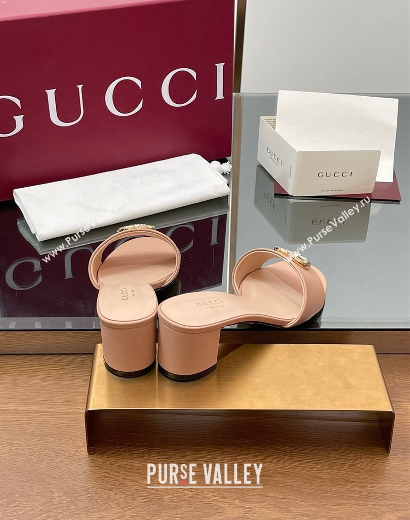 Gucci Leather Heel Slides Sandal 5cm with Strass Double G Light Pink 2025 GG042301 (MD-250423041)