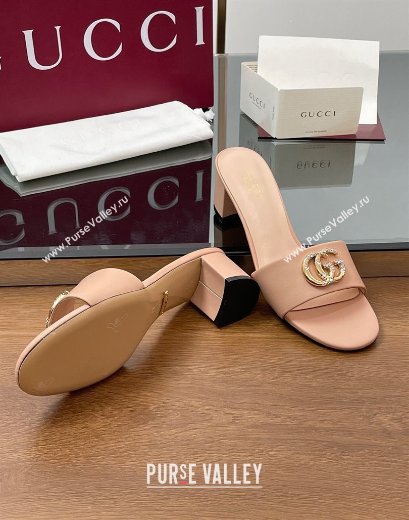 Gucci Leather Heel Slides Sandal 5cm with Strass Double G Light Pink 2025 GG042301 (MD-250423041)