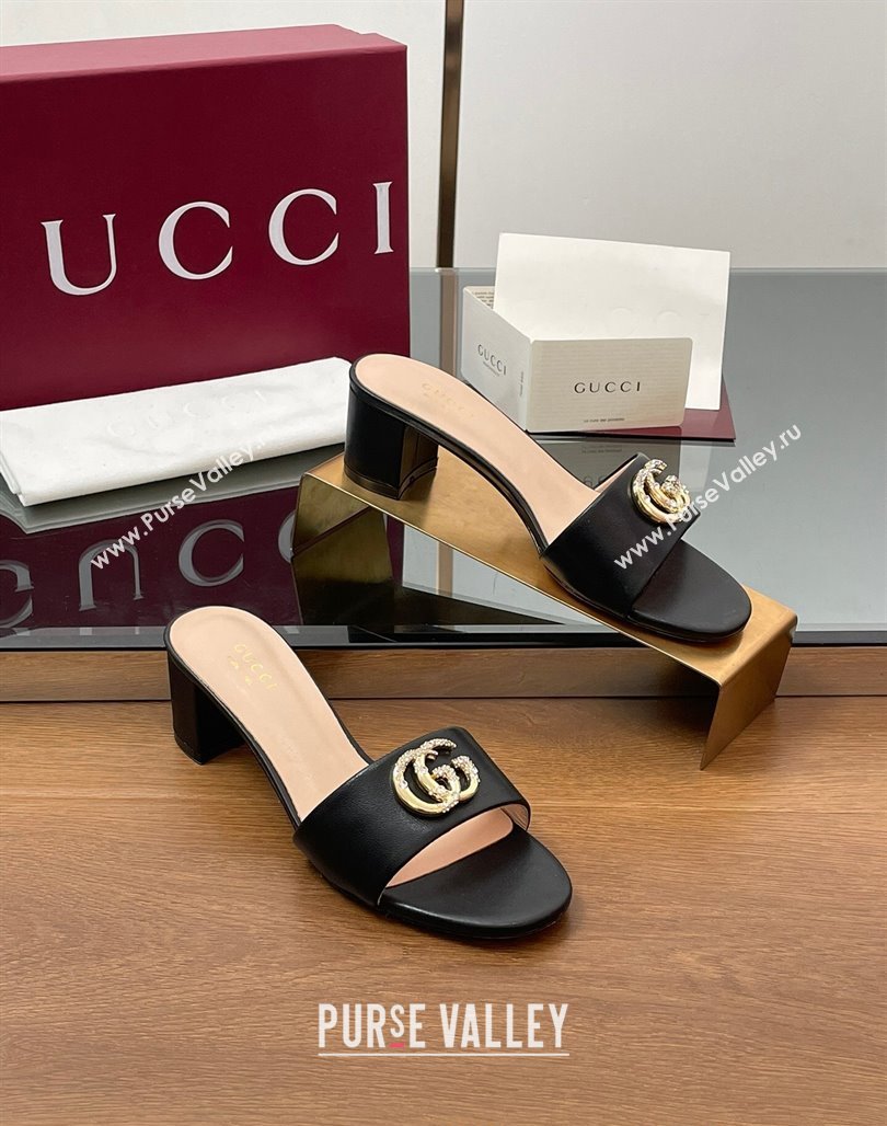 Gucci Leather Heel Slides Sandal 5cm with Strass Double G Black 2025 GG042301 (MD-250423042)