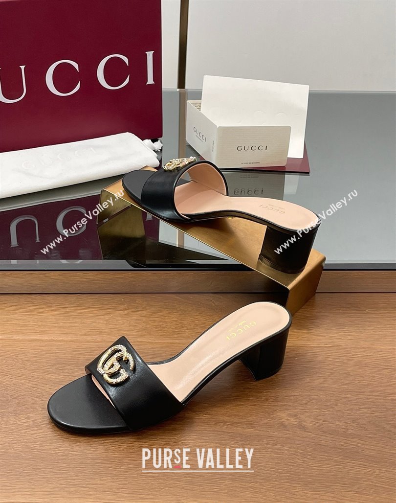 Gucci Leather Heel Slides Sandal 5cm with Strass Double G Black 2025 GG042301 (MD-250423042)