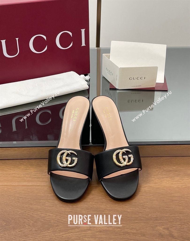 Gucci Leather Heel Slides Sandal 5cm with Strass Double G Black 2025 GG042301 (MD-250423042)