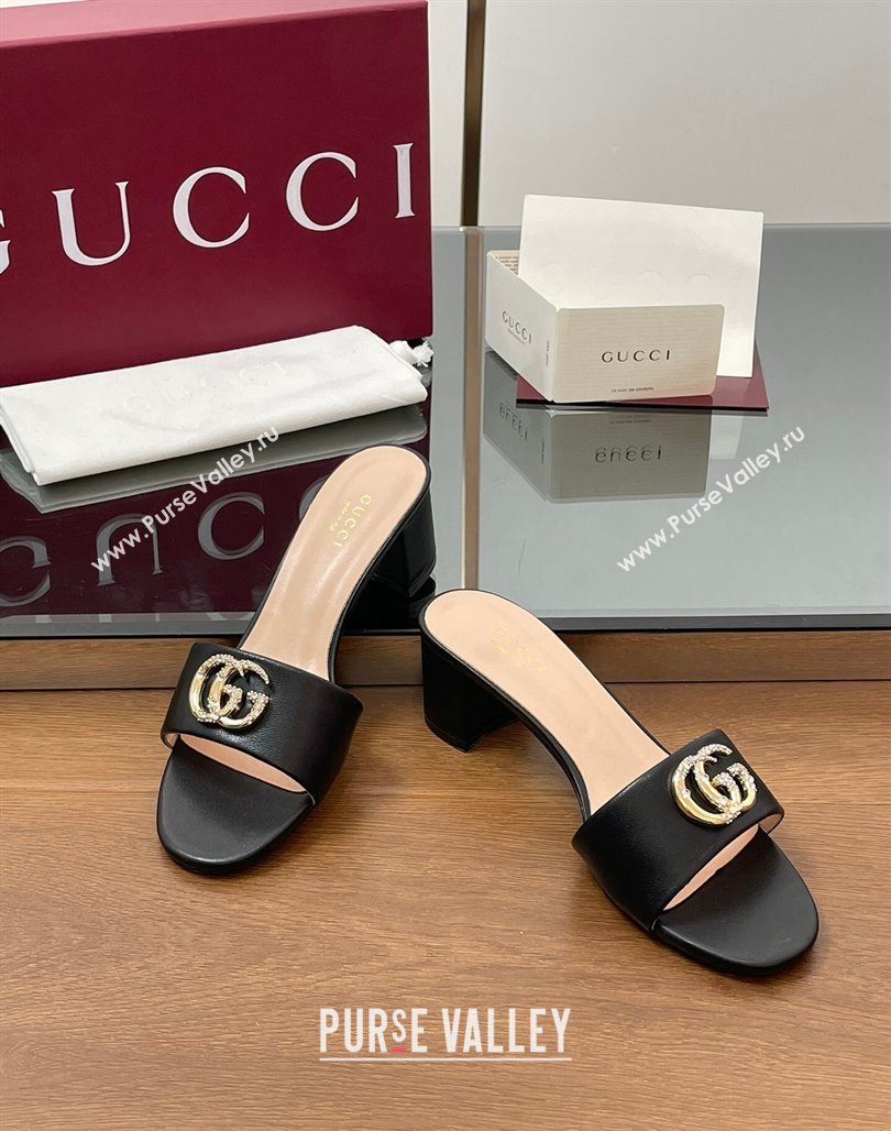 Gucci Leather Heel Slides Sandal 5cm with Strass Double G Black 2025 GG042301 (MD-250423042)
