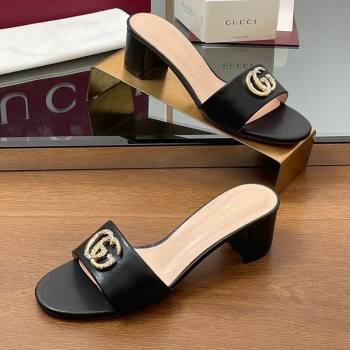 Gucci Leather Heel Slides Sandal 5cm with Strass Double G Black 2025 GG042301 (MD-250423042)
