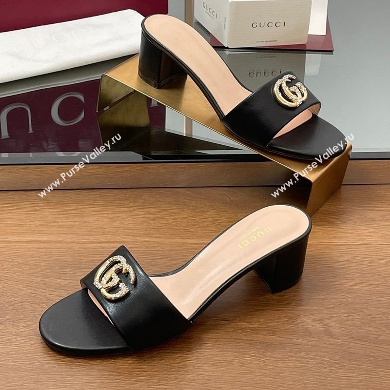 Gucci Leather Heel Slides Sandal 5cm with Strass Double G Black 2025 GG042301 (MD-250423042)