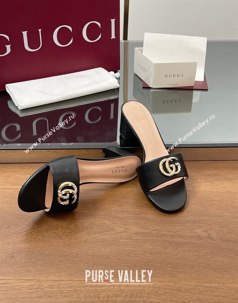 Gucci Leather Heel Slides Sandal 5cm with Strass Double G Black 2025 GG042301 (MD-250423042)