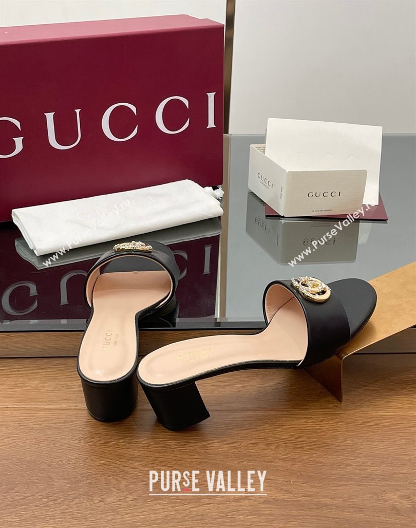 Gucci Leather Heel Slides Sandal 5cm with Strass Double G Black 2025 GG042301 (MD-250423042)