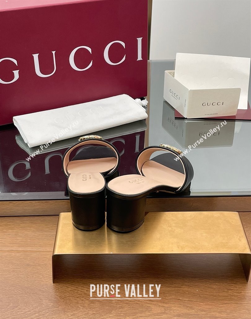 Gucci Leather Heel Slides Sandal 5cm with Strass Double G Black 2025 GG042301 (MD-250423042)
