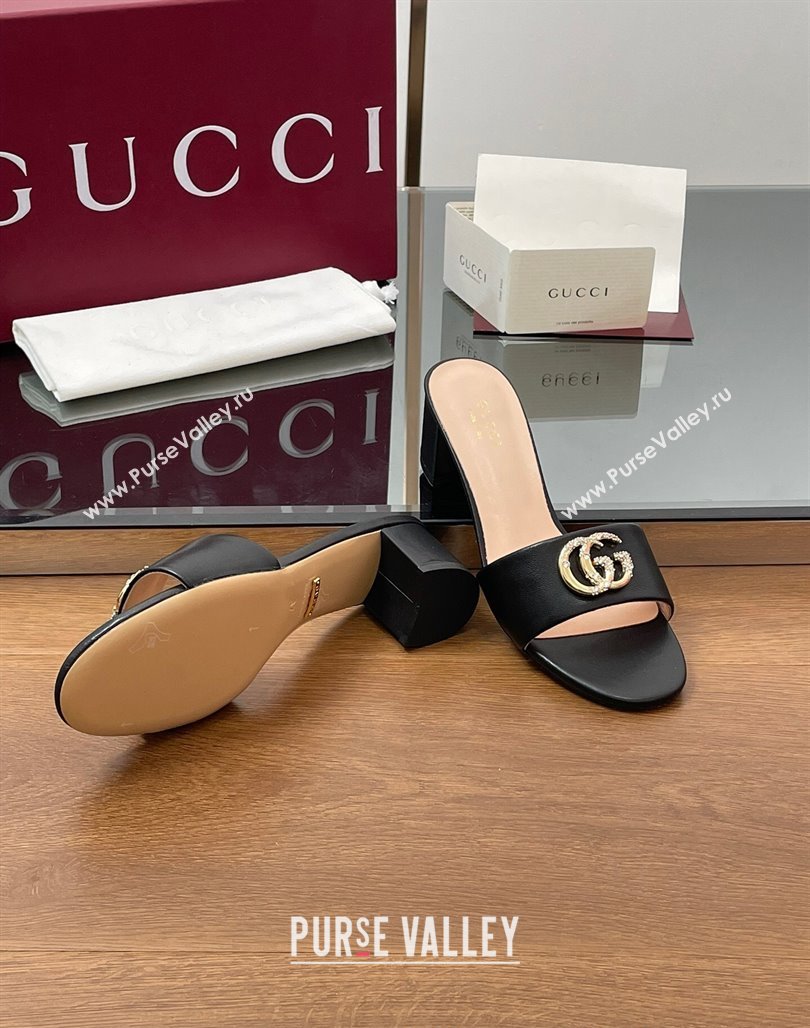 Gucci Leather Heel Slides Sandal 5cm with Strass Double G Black 2025 GG042301 (MD-250423042)