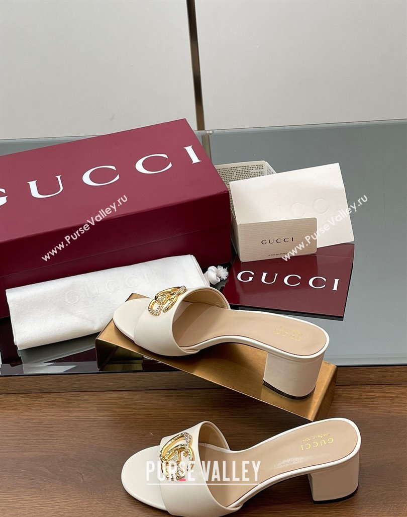 Gucci Leather Heel Slides Sandal 5cm with Strass Double G White 2025 GG042301 (MD-250423043)