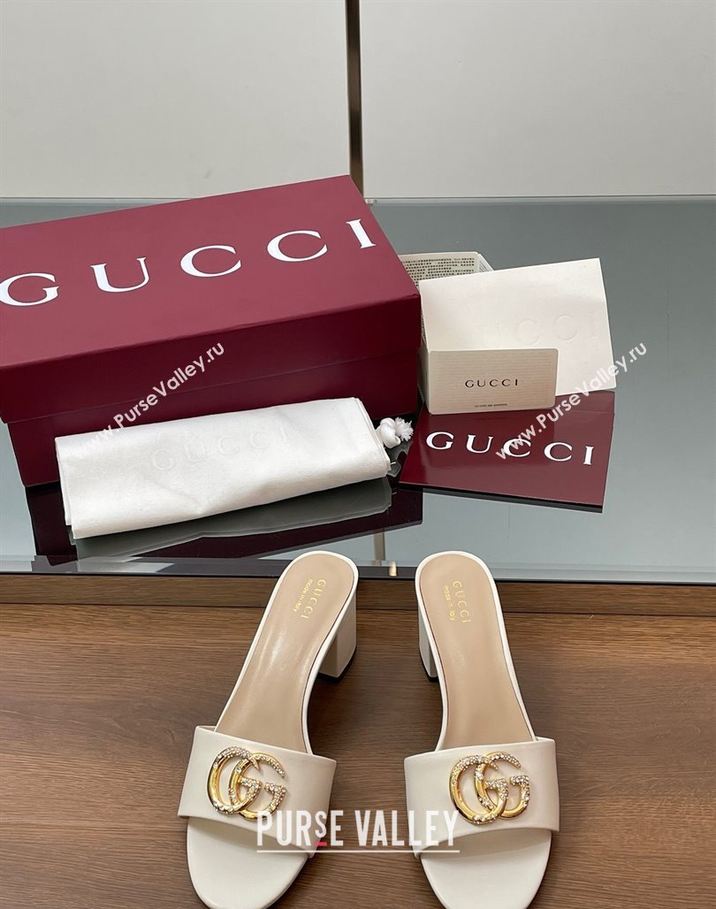 Gucci Leather Heel Slides Sandal 5cm with Strass Double G White 2025 GG042301 (MD-250423043)