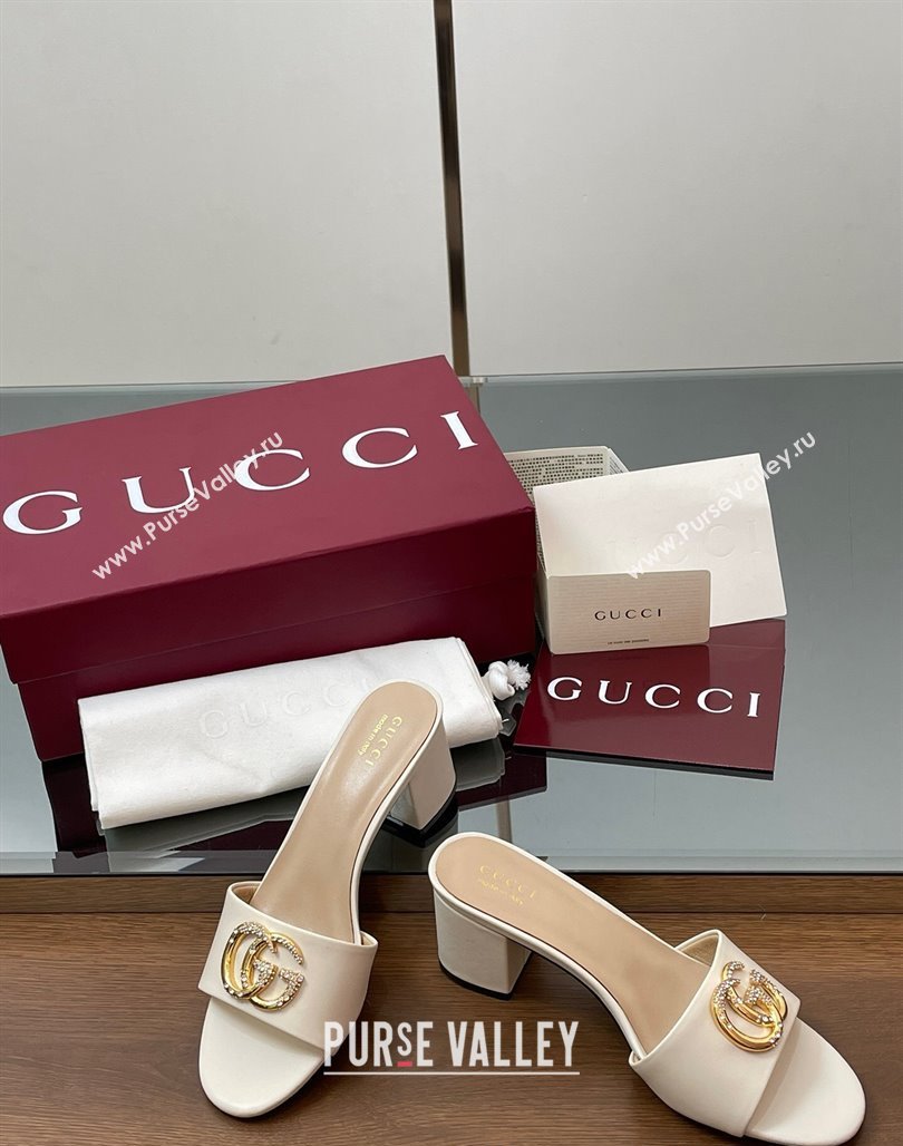 Gucci Leather Heel Slides Sandal 5cm with Strass Double G White 2025 GG042301 (MD-250423043)