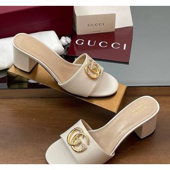 Gucci Leather Heel Slides Sandal 5cm with Strass Double G White 2025 GG042301 (MD-250423043)