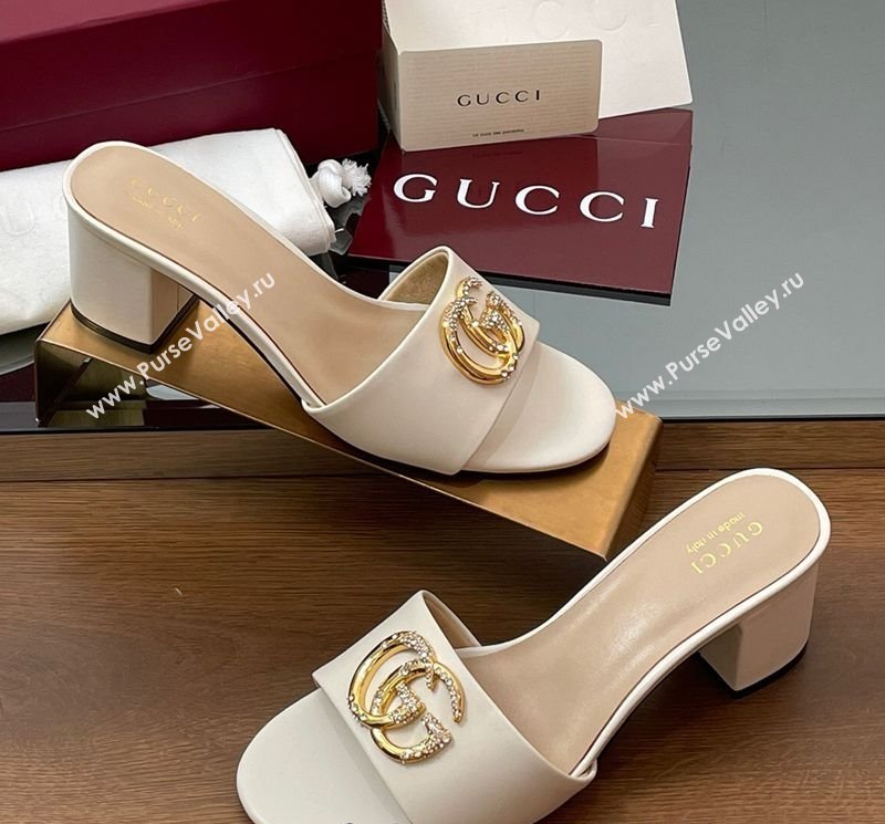 Gucci Leather Heel Slides Sandal 5cm with Strass Double G White 2025 GG042301 (MD-250423043)