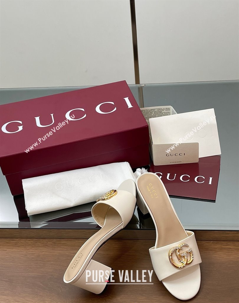 Gucci Leather Heel Slides Sandal 5cm with Strass Double G White 2025 GG042301 (MD-250423043)