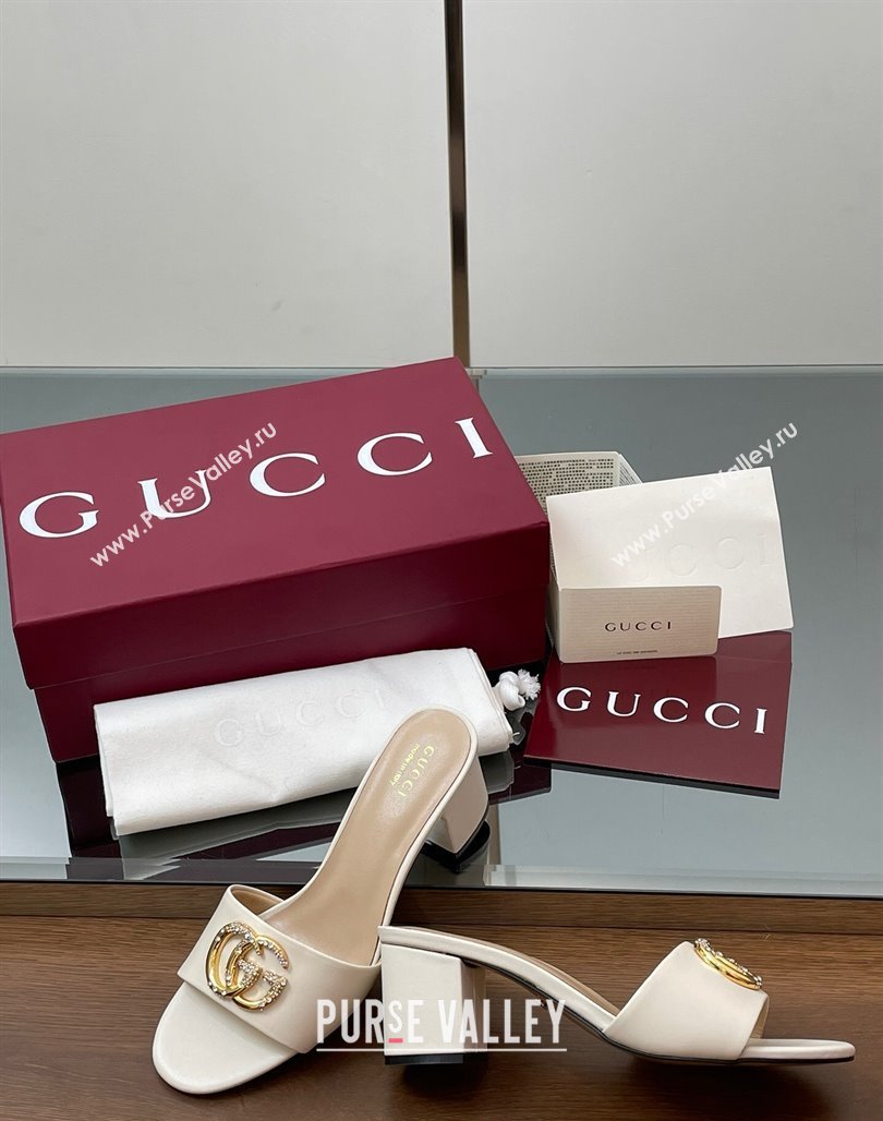 Gucci Leather Heel Slides Sandal 5cm with Strass Double G White 2025 GG042301 (MD-250423043)