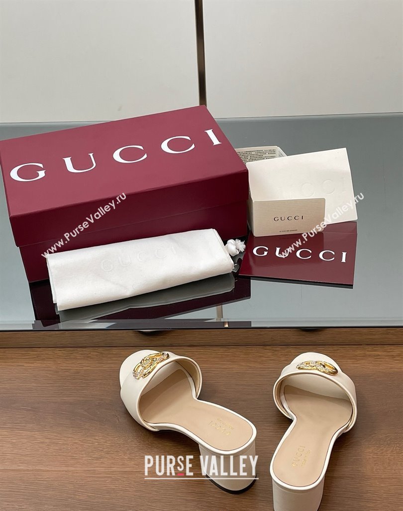 Gucci Leather Heel Slides Sandal 5cm with Strass Double G White 2025 GG042301 (MD-250423043)