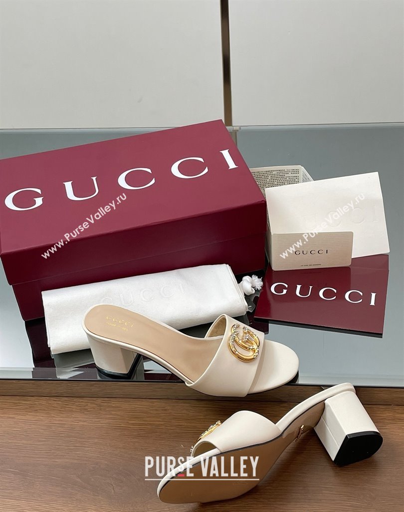 Gucci Leather Heel Slides Sandal 5cm with Strass Double G White 2025 GG042301 (MD-250423043)