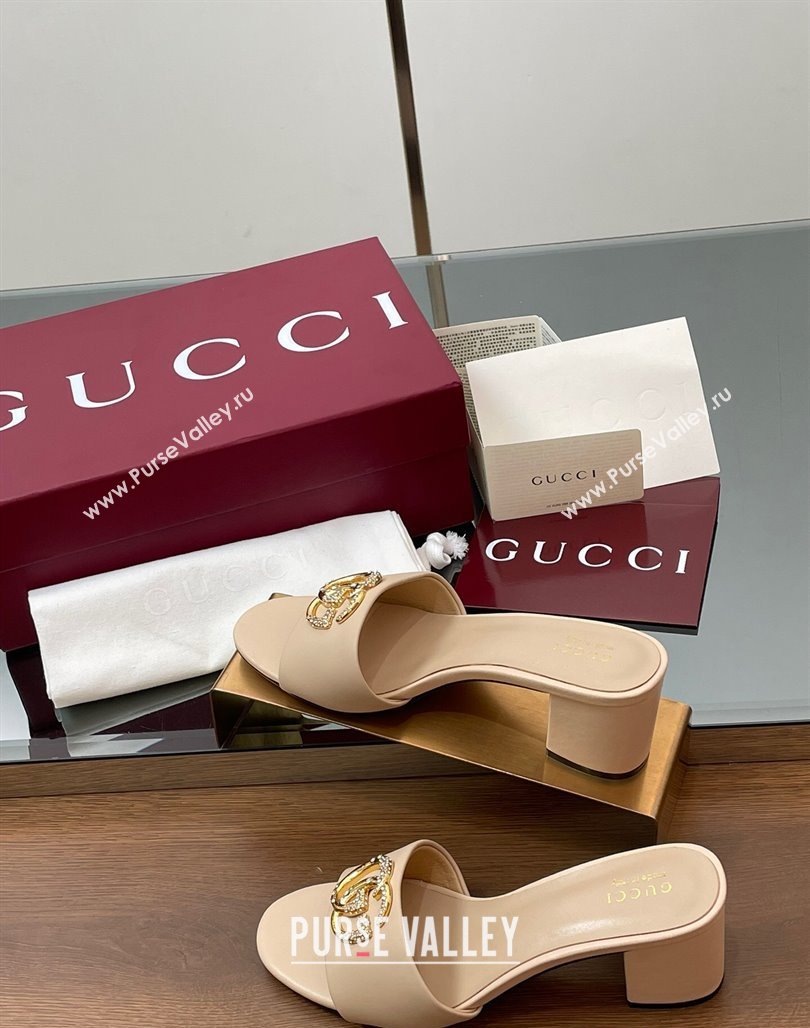 Gucci Leather Heel Slides Sandal 5cm with Strass Double G Beige 2025 GG042301 (MD-250423044)