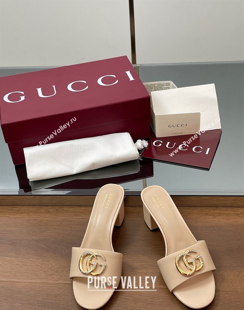Gucci Leather Heel Slides Sandal 5cm with Strass Double G Beige 2025 GG042301 (MD-250423044)