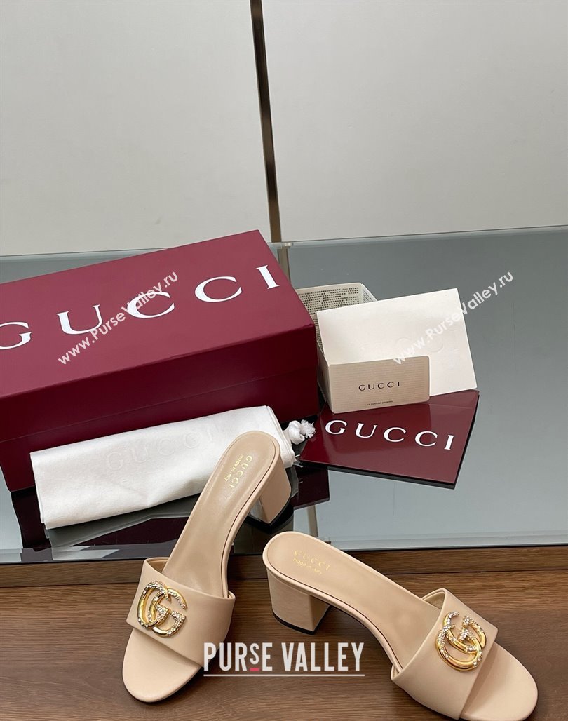 Gucci Leather Heel Slides Sandal 5cm with Strass Double G Beige 2025 GG042301 (MD-250423044)