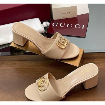 Gucci Leather Heel Slides Sandal 5cm with Strass Double G Beige 2025 GG042301 (MD-250423044)