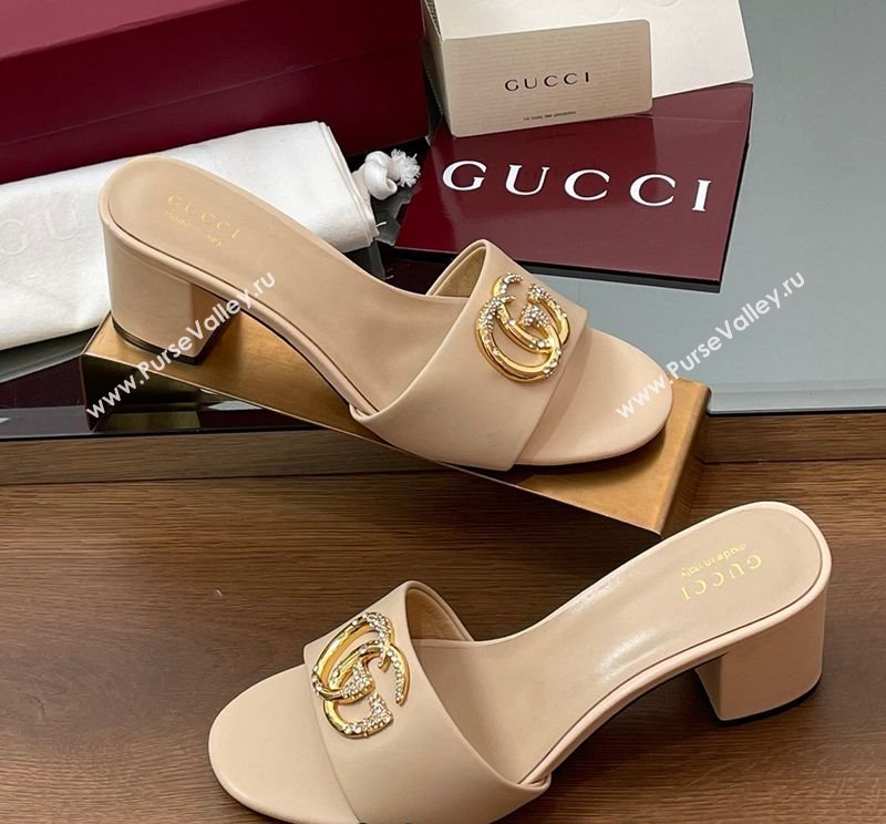 Gucci Leather Heel Slides Sandal 5cm with Strass Double G Beige 2025 GG042301 (MD-250423044)