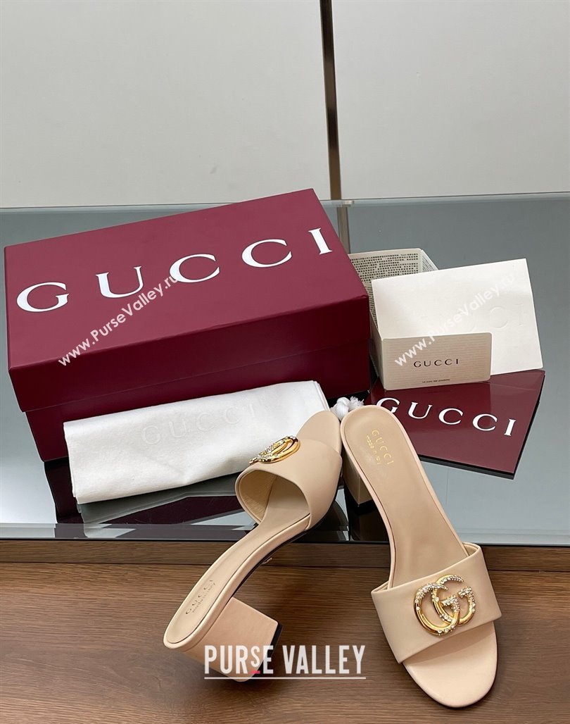 Gucci Leather Heel Slides Sandal 5cm with Strass Double G Beige 2025 GG042301 (MD-250423044)