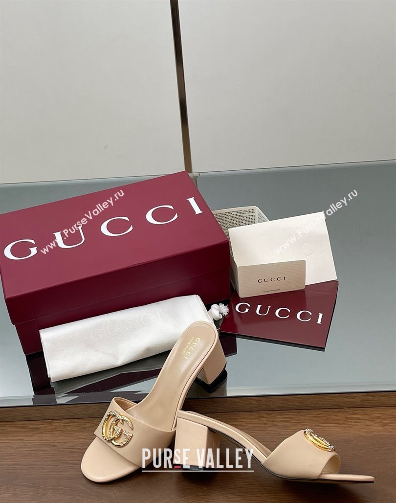 Gucci Leather Heel Slides Sandal 5cm with Strass Double G Beige 2025 GG042301 (MD-250423044)