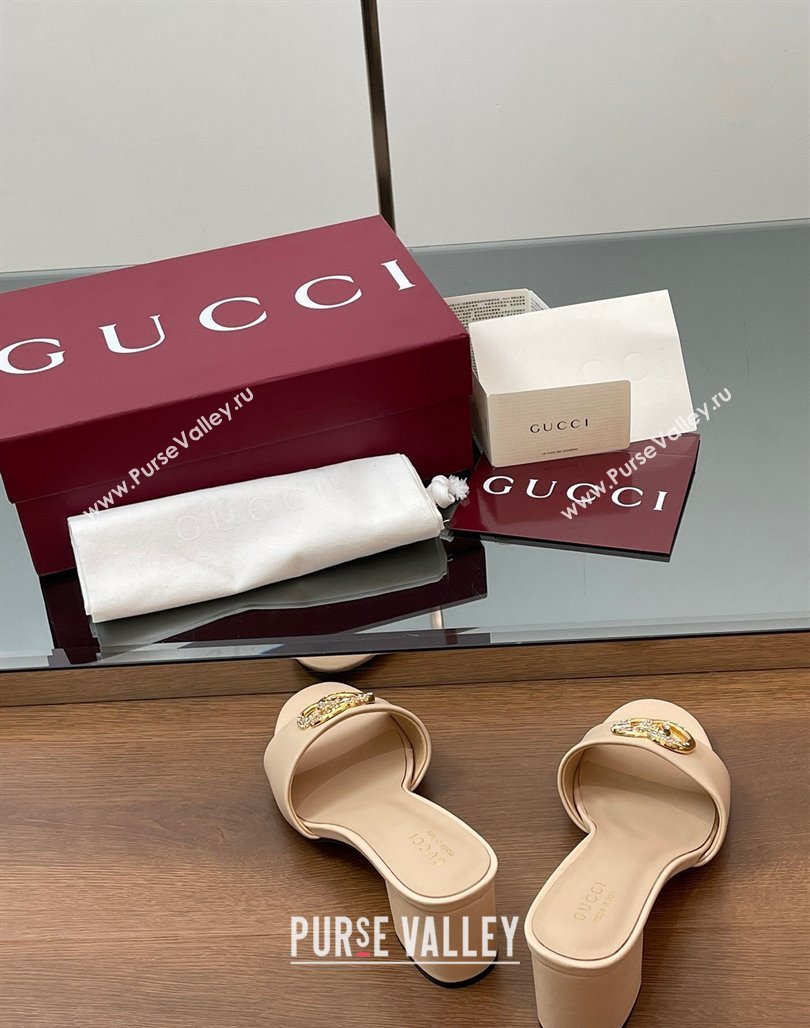 Gucci Leather Heel Slides Sandal 5cm with Strass Double G Beige 2025 GG042301 (MD-250423044)