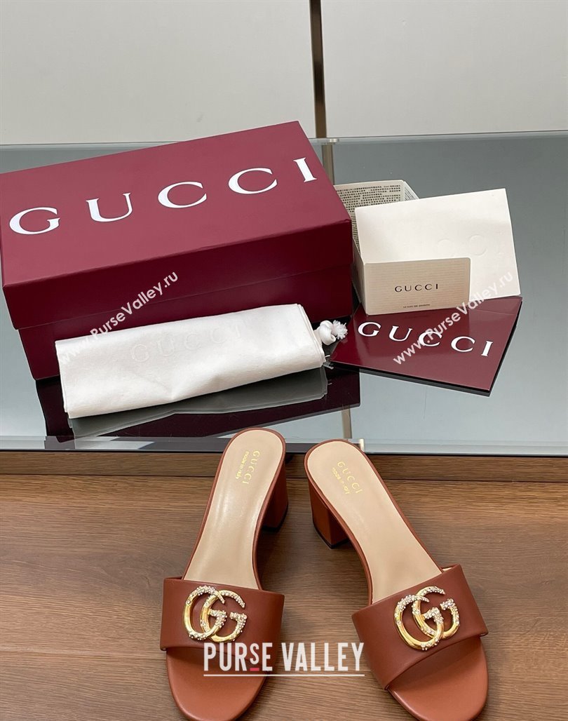 Gucci Leather Heel Slides Sandal 5cm with Strass Double G Brown 2025 GG042301 (MD-250423045)