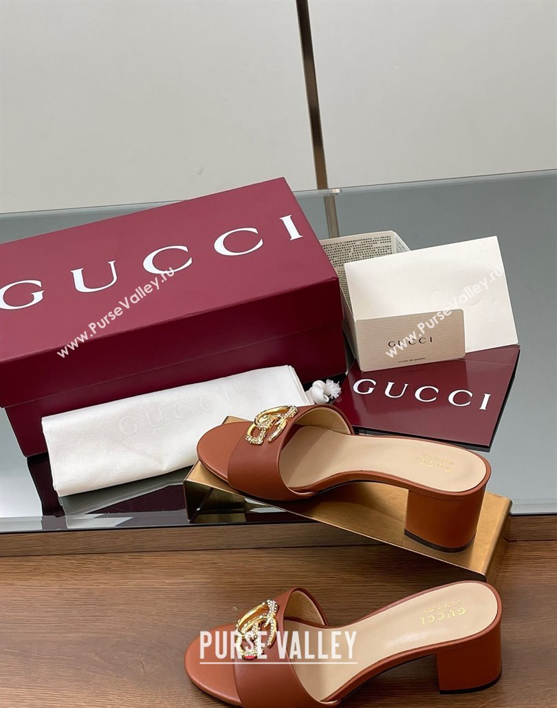 Gucci Leather Heel Slides Sandal 5cm with Strass Double G Brown 2025 GG042301 (MD-250423045)