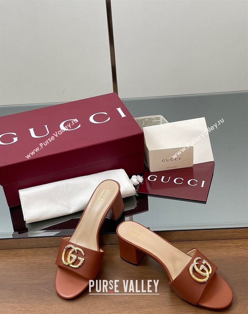 Gucci Leather Heel Slides Sandal 5cm with Strass Double G Brown 2025 GG042301 (MD-250423045)
