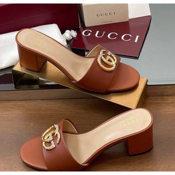 Gucci Leather Heel Slides Sandal 5cm with Strass Double G Brown 2025 GG042301 (MD-250423045)