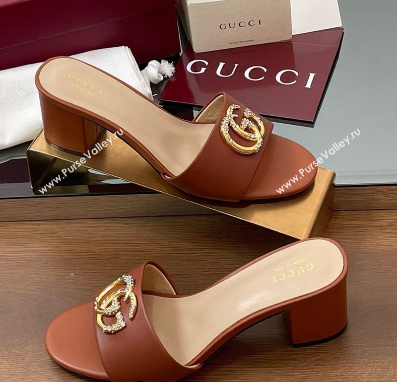 Gucci Leather Heel Slides Sandal 5cm with Strass Double G Brown 2025 GG042301 (MD-250423045)