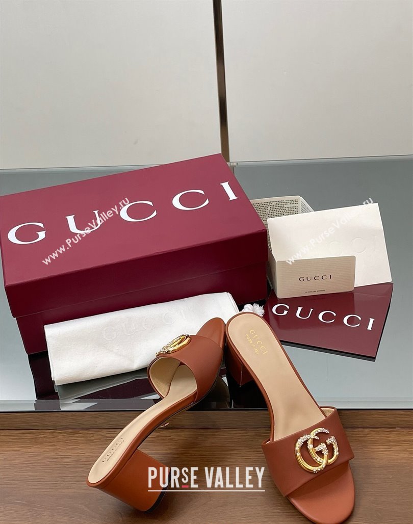 Gucci Leather Heel Slides Sandal 5cm with Strass Double G Brown 2025 GG042301 (MD-250423045)