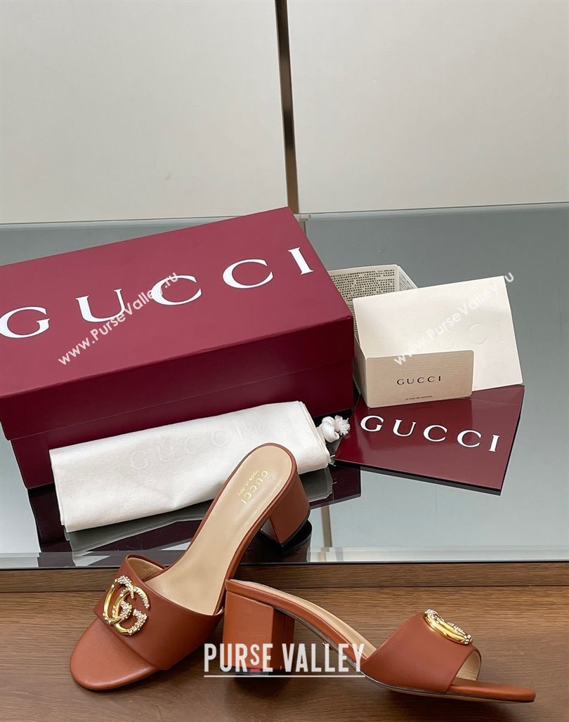Gucci Leather Heel Slides Sandal 5cm with Strass Double G Brown 2025 GG042301 (MD-250423045)