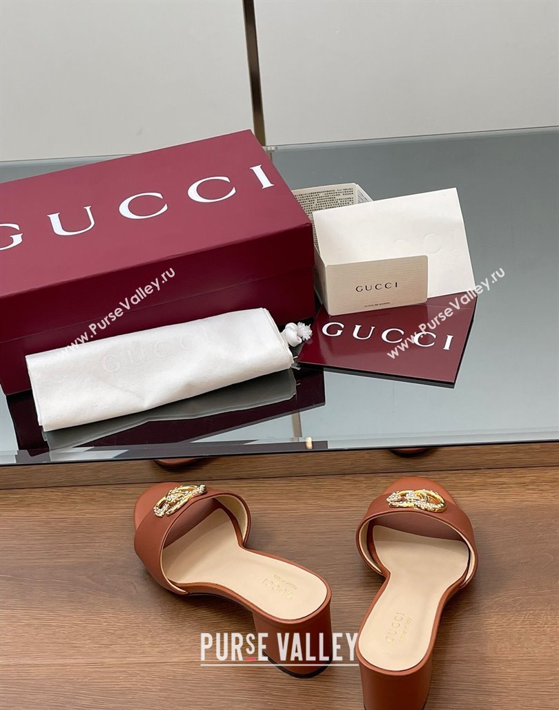 Gucci Leather Heel Slides Sandal 5cm with Strass Double G Brown 2025 GG042301 (MD-250423045)