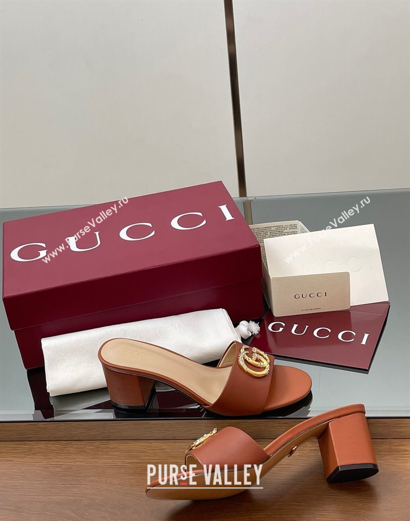Gucci Leather Heel Slides Sandal 5cm with Strass Double G Brown 2025 GG042301 (MD-250423045)