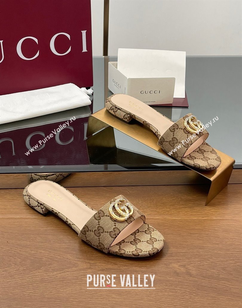 Gucci GG Canvas Flat Slides Sandal with Strass Double G Beige 2025 GG042301 (MD-250423046)