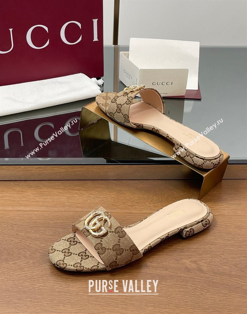 Gucci GG Canvas Flat Slides Sandal with Strass Double G Beige 2025 GG042301 (MD-250423046)